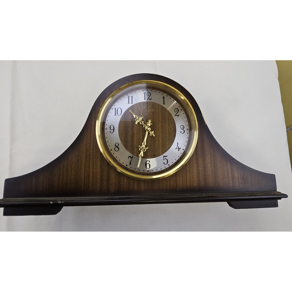VTG Elgin Japan  Wood  Mantle Shelf Clock Quartz Large 17" x4.5" Chimes Works